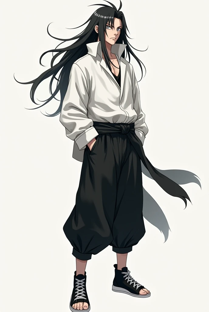  make a fictional male character, inspired by the anime naruto, MAKE HIM A  ,He has long black hair ,  White eyes,  white shirt and black pants , black tennis, Do it standing