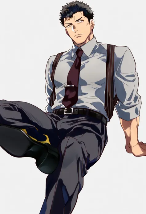 male focus, muscled beefy male, solo, ikemen, mature, male only, tough man, bold, eyes fix, flat chest, sturdy waist, 50 years old, office worker, collared shirt, tie, three piece suit, belt, slacks, tight clothes, whole body, sitting, invisible chair,  lo...