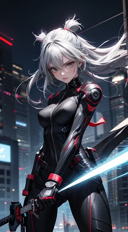 A stunning 3D anime render of a beautiful, powerful fighter dressed in a form-fitting combat suit. Her sleek suit is adorned with silver accents, and she wields a katana with an electric shock ability. The electric currents along the blade are clearly visi...