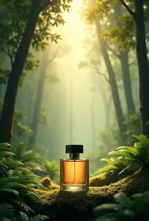 Make a poster advertising Iodine perfume. Warm, simple background is a beautiful rainforest, without people