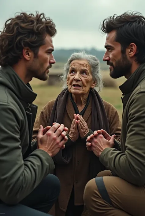 Low-angle image of handsome men sitting on their knees, looking up at an old woman and holding hands with an old woman in pity, in a rural strip, a blurred background.