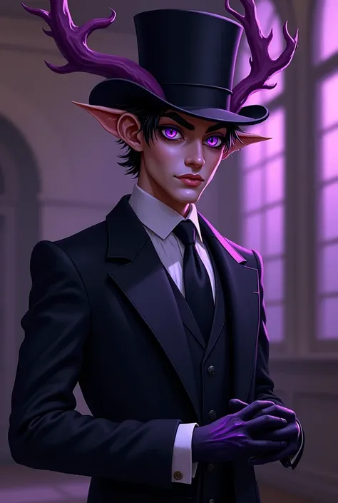 a charming and handsome guy in a 1960s suit with a top hat and little elk horns black and purple croupted hands and black eyes and purple pupils and purple lines around them