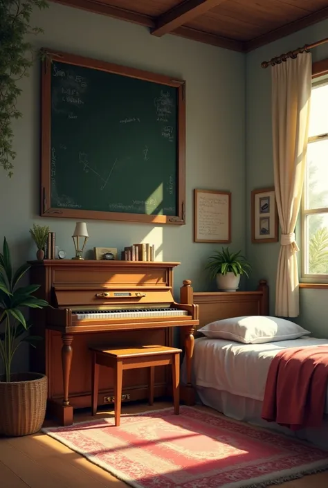 GOOD, Now next to the bed there is a not so big piano and a blackboard on the wall