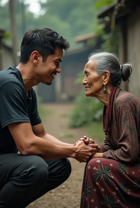 Low angle photo of a handsome Thai man sitting on his knees, looking at an old woman and holding an old womans hand in pity in a rural area, a blurred background image