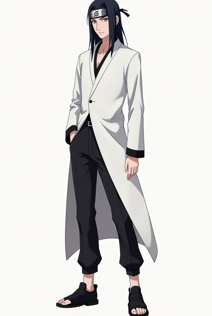  make a fictional male character , inspired by the anime naruto,He has straight black hair, He has a konoha headband  ,white eye, white clothes, black pants and black sneakers, Do it standing