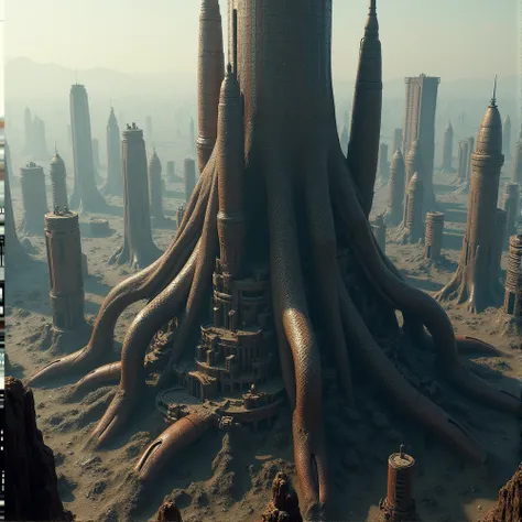  HIGH QUALITY, 8K ultra HD, a city created by a dark metallic brown superorganism with cylindrical-shaped buildings