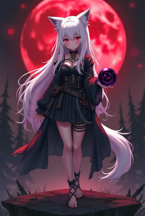 Anime character wolf girl cool face, red eyes white long hair and tail, no shoes, no sexy and orb black purple in left hand, gothic outfit full accessories, before the red full moon,Best quality, Masterpiece,  super high resolution, (photograph realistic:1...