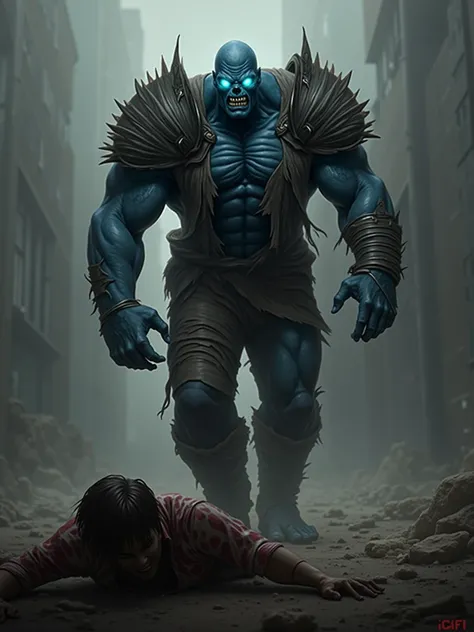 A male zombie, has a blue body, bright blue eyes, wears torn clothes, is in strong condition, is tall, wears head, shoulder and front body armor. Walking towards the victim