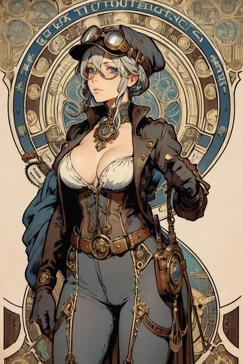 Gray Hair,  girl, cowboy shot,  blue eyes, steampunk, mucha style, top quality, masterpiece,  super high resolution , steampunk hat with goggles