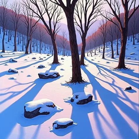 A landscape painting depicts a snowy hillside with numerous bare deciduous trees casting long, dramatic shadows. The trees are dark brownish-purple, almost black, with intricate, detailed branches. Their shadows stretch across the pale bluish-pink snow, cr...