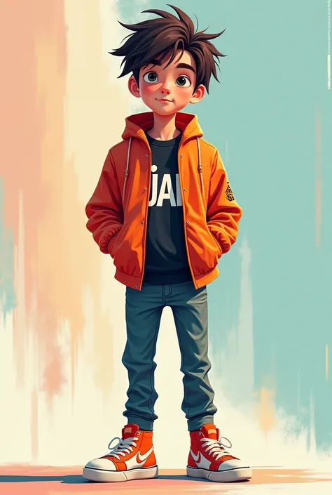 one teenager boy 3 animation style, attractive clothes, got IJAN on his shirt,jacket