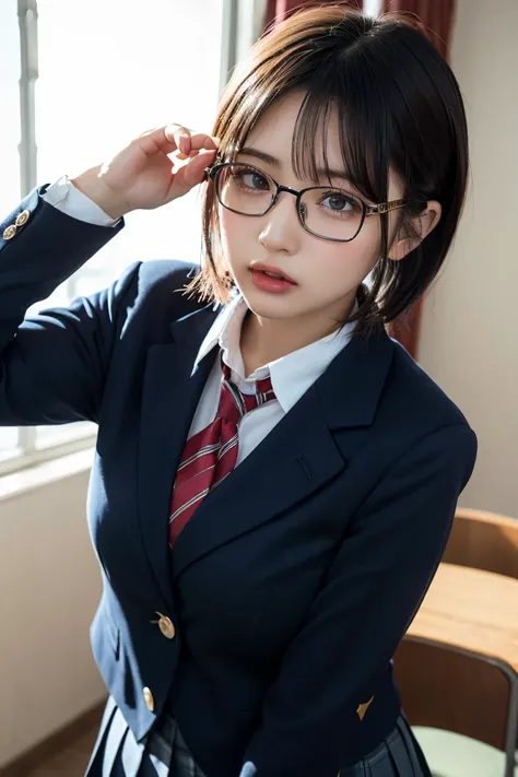 1girl,black-framed glasses,leaning forward,Perfect hands,panty pull,school uniform,shortcut hair,Navy blue blazer,pleated skirt,tongue out,Looking Down and Sleepy,school background,warm sunset lighting,bright and energetic atmosphere,detailed face,beautifu...