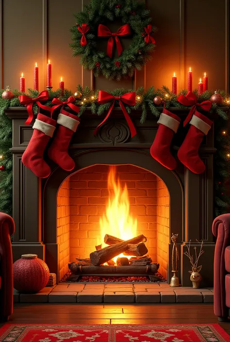 A traditional Christmas fireplace decorated with a lush green garland, red ribbon, and hanging stockings. A roaring fire adds warmth and a cozy atmosphere.