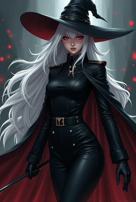 I want a white-haired witch,  completely black military clothing covering her entire body,  anime style ,  Red Eyes, witch hat,  anime style  / fanart