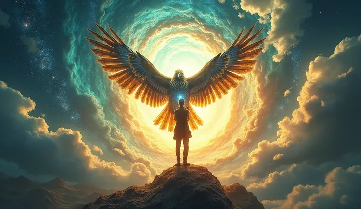 A hyper-realistic and colorful depiction of an abstract vision: the hawk merges with the seeker’s silhouette, creating a radiant figure glowing with gold and silver light. Surrounding the figure is a vortex of calm energy, represented by swirling, harmonio...