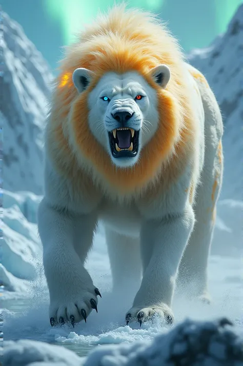 A hyper-realistic, cinematic depiction of a super hybrid creature combining the might of a polar bear and the ferocity of a lion. The creature stands imposingly in the Arctic wasteland, surrounded by jagged glaciers and under the eerie glow of an aurora bo...