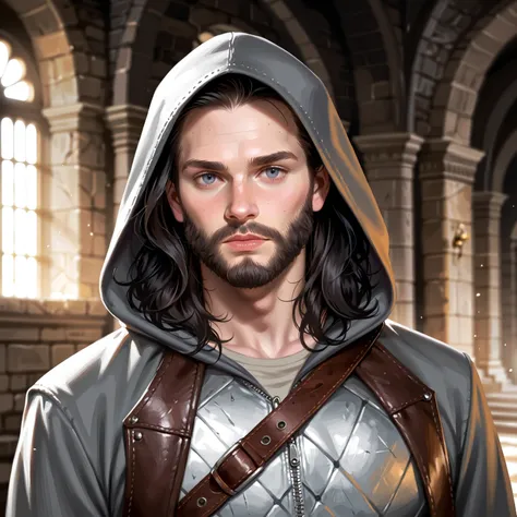 Portrait of a (male) human ranger, front view, (medium shot:1.3), one person standing, tall and slender build, (long black hair and beard:1.3)
BREAK
grey eyes
BREAK
pale skin
BREAK
wearing fantasy world costume of (hooded grey clothing:1.5) and (leather:1....