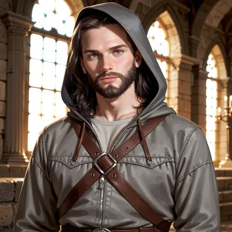 Portrait of a (male) human ranger, front view, (medium shot:1.3), one person standing, tall and slender build, (long black hair and beard:1.3)
BREAK
grey eyes
BREAK
pale skin
BREAK
wearing fantasy world costume of (hooded grey clothing:1.5) and (leather:1....