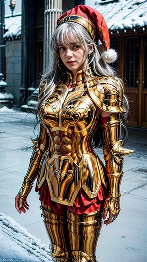 Ultra high saturation（masterpiece）， Full body photo，（The best quality）， （1 girl），White hair,  realistic, (1 woman), hiper realistic, Wearing a shiny golden armorSexy lingerie type armor，expose your chest，Expose the waist，Exposing the thighs，Pose genial， Sa...