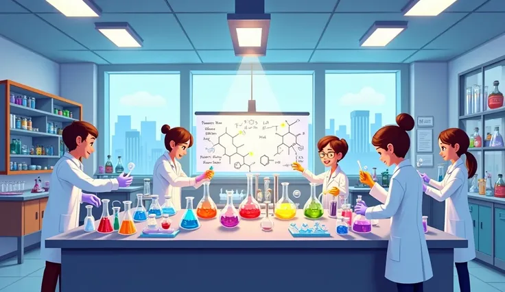 2D animated school chemistry laboratory, clean and modern design, large laboratory table with test tubes, beakers, flasks, and heating stoves, colorful chemical liquids in red, blue, and yellow, science students wearing lab coats and safety gloves conducti...