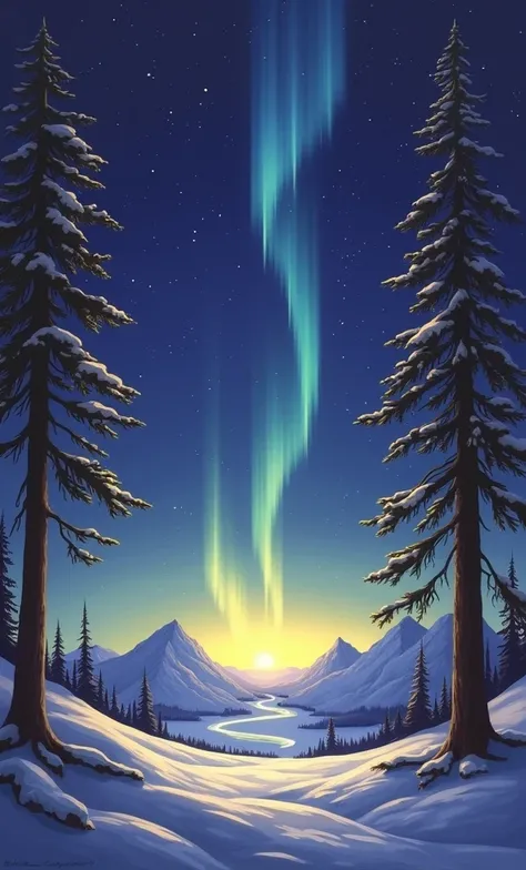 A winter landscape painting depicts a snow-covered valley under a vibrant aurora borealis.  Tall pine trees stand silhouetted against the snow-dusted hillsides, positioned centrally and on both sides of the valley floor.  The aurora, in vibrant shades of l...