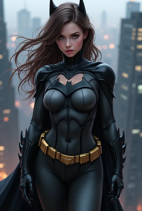 A batman girl wearing batman suit with ondulés brown hair in a realistic anime style