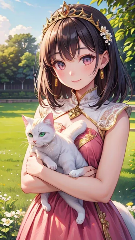 A beautiful young Thai woman wearing a pink dress and gold tiara is playing with her white cat in the green grass of Phra Nakhon Si Ayutthaya, Thailand, with a happy smile and a floral background, in a photorealistic, cinematic style.