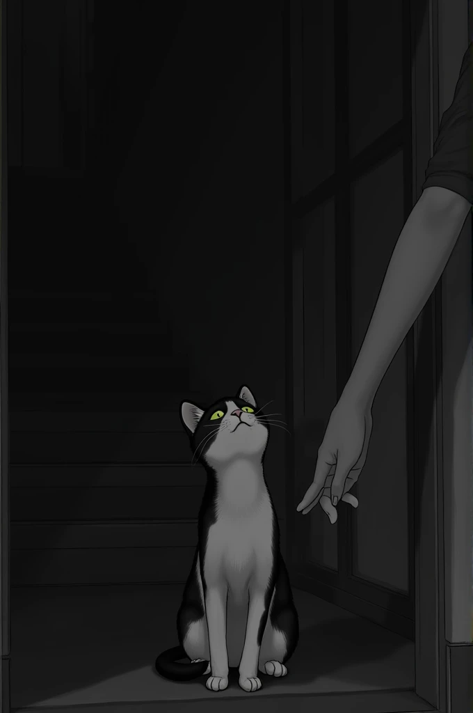 "A black and white cat sitting on a wooden surface near dark stairs at nighttime. The cat is playfully tilting its head upwards while being petted gently by a human hand. The environment has dim, moody lighting, resembling a quiet and cozy nighttime scene....