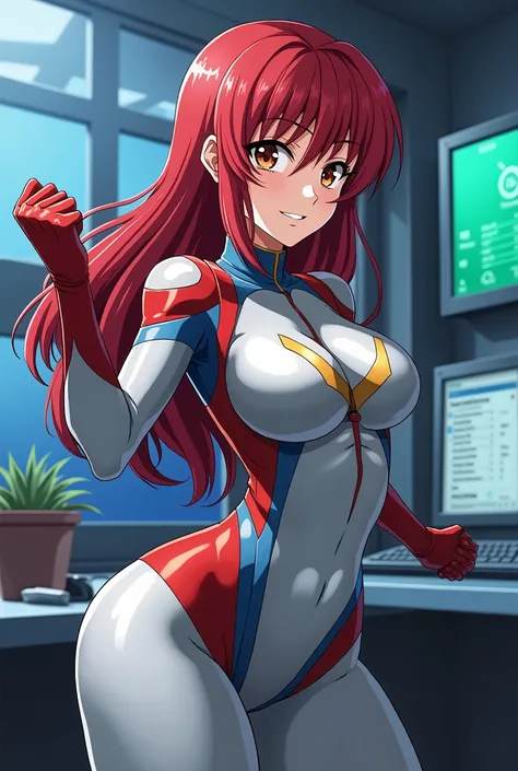     My Hero Academia style  ,    anime girl   , woman, young woman ,    full body shot  ,( Combat Stance :1.3),  long hair, Red Hair,    Brown Eyes  ,  hero suit, Full Body Suit, Red and blue details on a silver suit ,    PERFECT ANATOMY   ,  Reinforced AB...