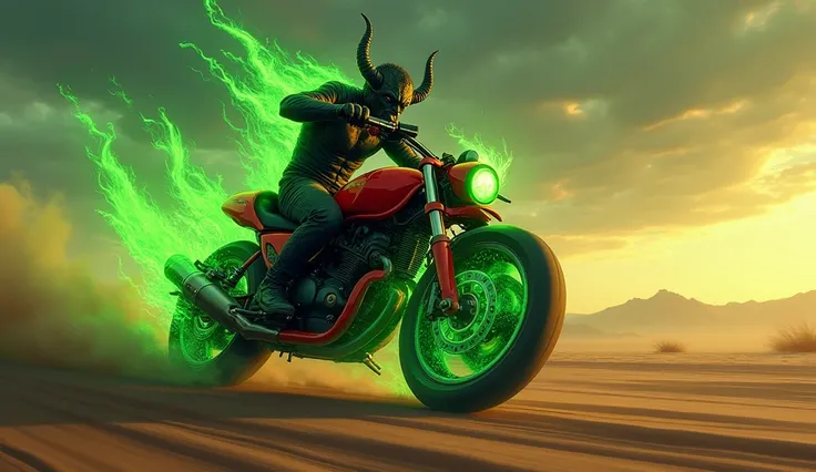 /imagine prompt: A red motorbike with an ice cream sidecar glowing with swirling green-black energy, racing through a barren desert at twilight. The rider is a demonic figure with horns, shadow-like muscles, and eyes glowing like embers, gripping the handl...