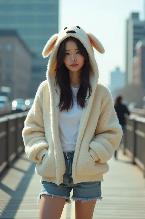 Beautiful Asian woman wearing sheep-shaped Hoodie ,  short jeans boots standing full body facing the camera while holding the pocket of the hoodie, bridge side background with passing vehicles .ultra Hd realist  