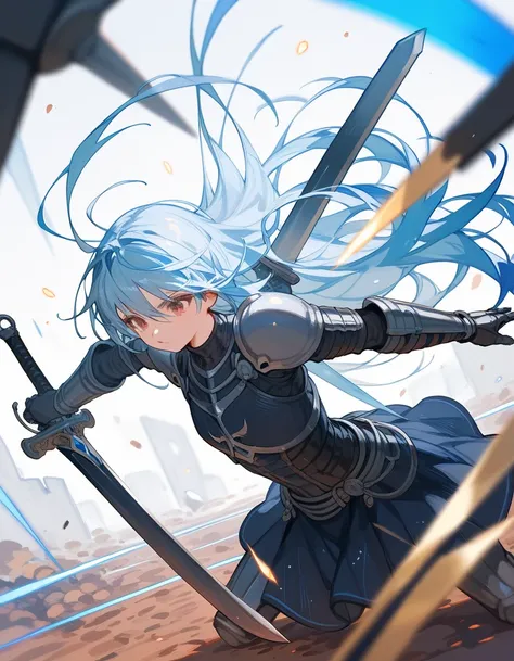 Score_9,Score_8_up,Score_7_up,highest quality, source_anime, highest quality, BREAK knight girl, light blue hair, long hair, brown eyes, sword, rapid descent, glitter, motion blur, motion lines, low angle, (Slash at ground enemies from the air:1.6)