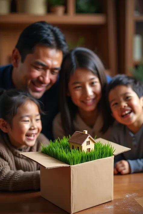 Real photograph at Christmas of a Peruvian family from Huancayo when opening a box a small piece of grass comes out and on top of it a small house