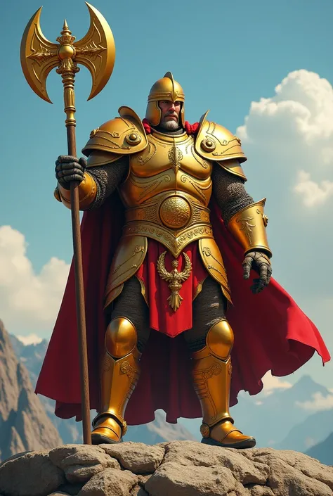  Create a very muscular gentleman with very corpulent golden armor  ,with large shoulder pads  , with a beautiful helmet that covers most of his face and only reveals his eyes , raising an axe with sun-shaped features   ,Ensima of a mountain in an importan...