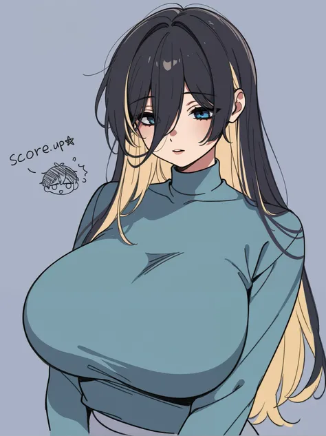 1girl, vollumptous, big breasts, long hair, black hair, long bangs, blonde highlights, blue eyes, milf, sketch