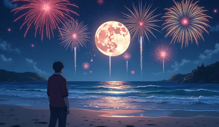 I want an image of a beautiful beach with a moon in the sky the moon being filled with several super realistic fireworks explosions and ren playing.