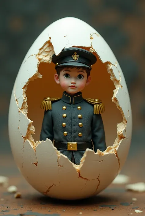 The  is wearing a small soldiers suit in a cracked egg.