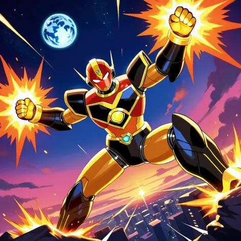 Super Man and a alien gold schemed robot are fighting furiously as they fall toward earth from orbit, they are surrounded in a corona of flame as they hurtle to Earth, view is above their fight looking down at their fight and the earth they are crashing to...