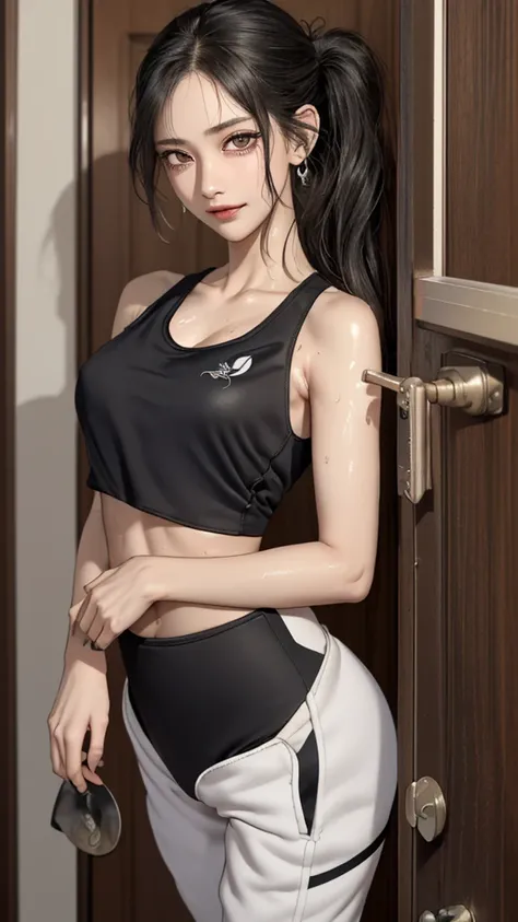  the mixed atmosphere of sunrise and dawn, In front of the apartment building entrance、In front of the door、The horny older sister who visited 、ponytail

(Sportswear、 tank top,skinny track suit, Thin type:1.5),(large breasts),(random hairstyle),(Highest im...