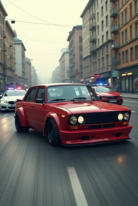 Draw an old red Lada Riva Performance 2107 with wide bodykit ,  this car would be chased by Ukrainian police cars and a black Porshe Cayanne all this happening in Ukraine