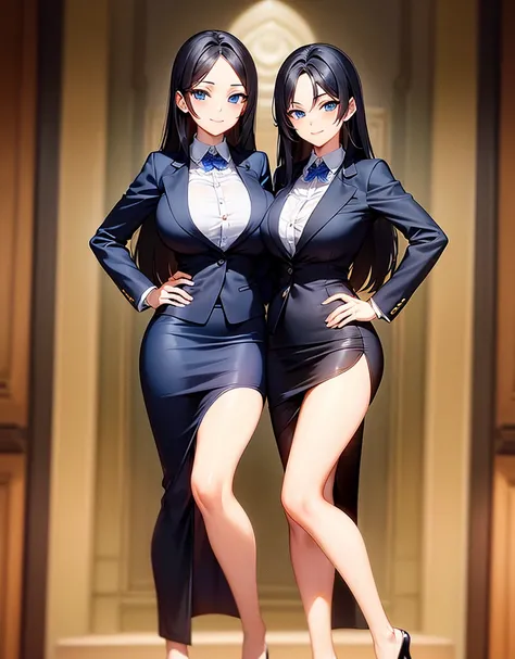 Masterpiece,best quality,detailed CG illustration,looking at viewer,2 heads, woman with two heads, conjoined,black long hair,matured female,blue eyes,large breasts,wearing business suits,pencil skirt,smile,hand on hip,cowboy shot