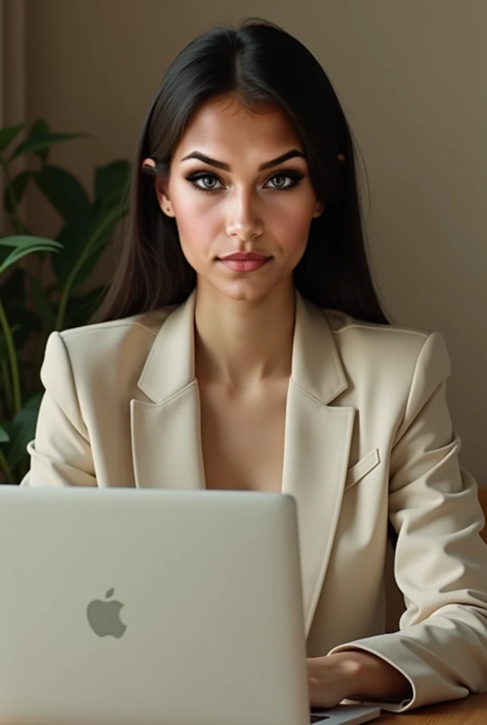 Accurate,  girl ,  textured leather sitting in front of a laptop in a cream-colored business suit, super detail,  high detail,  detailed facial features ,  extremely detailed bodies ,  very detailed skin ,  extremely detailed eyes ,  very detailed,  Sharp ...