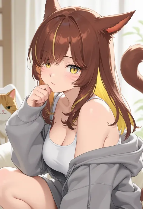 masterpiece,1girl, colored inner hair Brown hair Yellow hair, cat_ears, gray oversized hoodie,  inner tank top , Hair on one eye, Long hair tips, Miqote