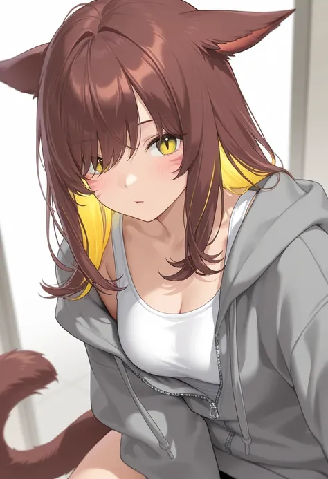 masterpiece,1girl, colored inner hair Brown hair Yellow hair, cat_ears, gray oversized hoodie,  inner tank top , Hair on one eye, Long hair tips, Miqote