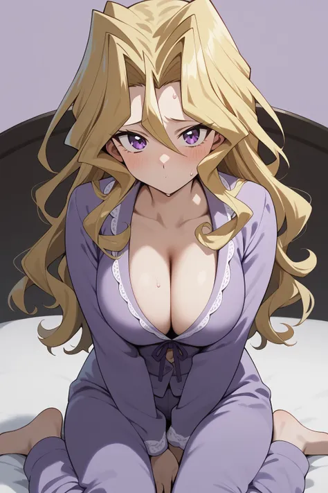 Kujaku Mai,megami magazine,long hair,blonde hair,wavy hair,M-shaped bangs,hair between eyes,purple eyes,large breasts,
((purple pajamas)),
1girl,cleavage,(is aroused,big blush:1.0),sweat,
((on bed,hand between legs,my legs:1.2)),
(night bedroom background:...