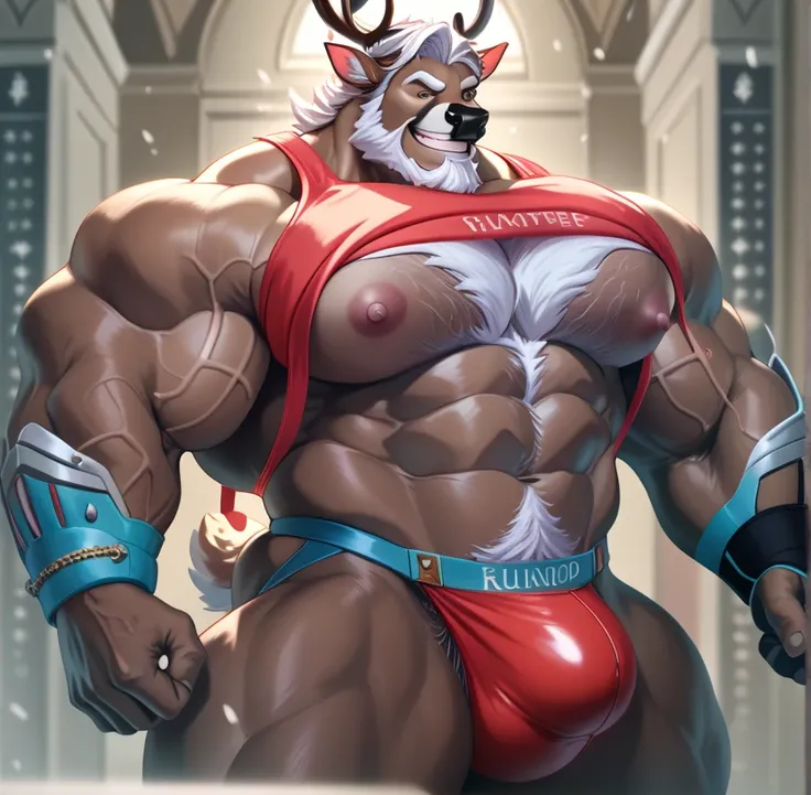  huge old muscular deer ,   massive bodybuilder , blue thong,  deer is a bodybuilder with massive muscles,  Gay deer with endomorphic body , strong physique,  very muscular,  Perfect anatomy ,  Masterpiece, beard,  strong jaw, giant biceps,  shirtless , ha...