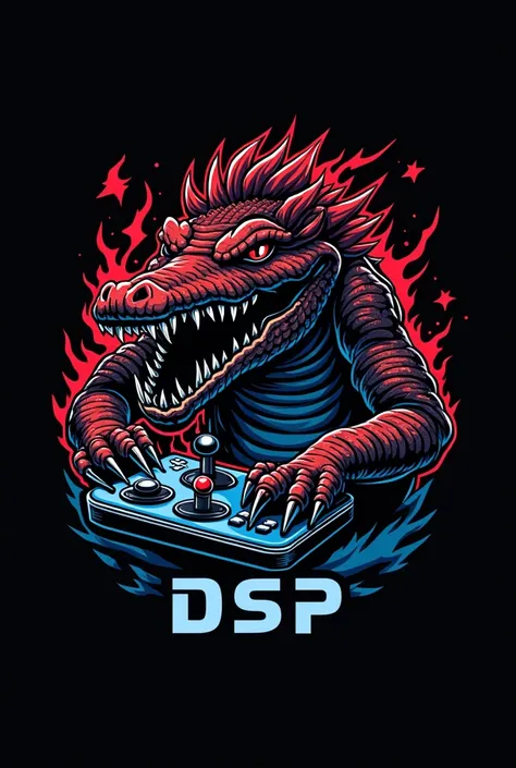 Anime drawing, gamer style logo design, DSP text in black, red, blue tone, with crocodile red, black, to the joystick, all the text is in black t-shirt.