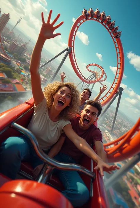 An amusement park roller coaster takes a steep descent,The customers are screaming