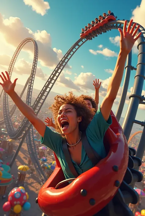 An amusement park roller coaster takes a steep descent,The customers are screaming