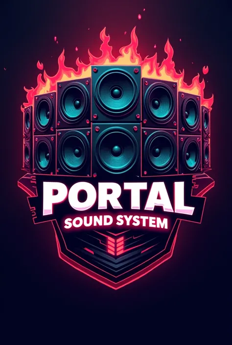 I want an e-Sports team emblem ,  boxes with a wall of speakers in the Jamaican format.

Portal sound system written on the front of the  